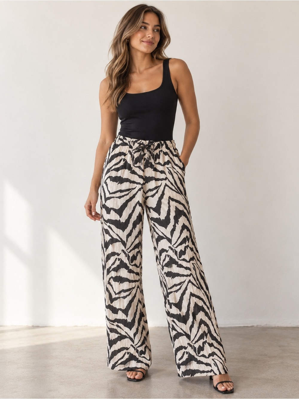 Zara Zebra Print Wide Leg Pants Crinkle Texture Drawstring Size S